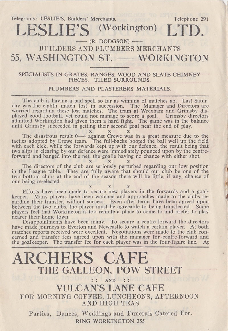 Workington versus Port Vale programme 1952 #2