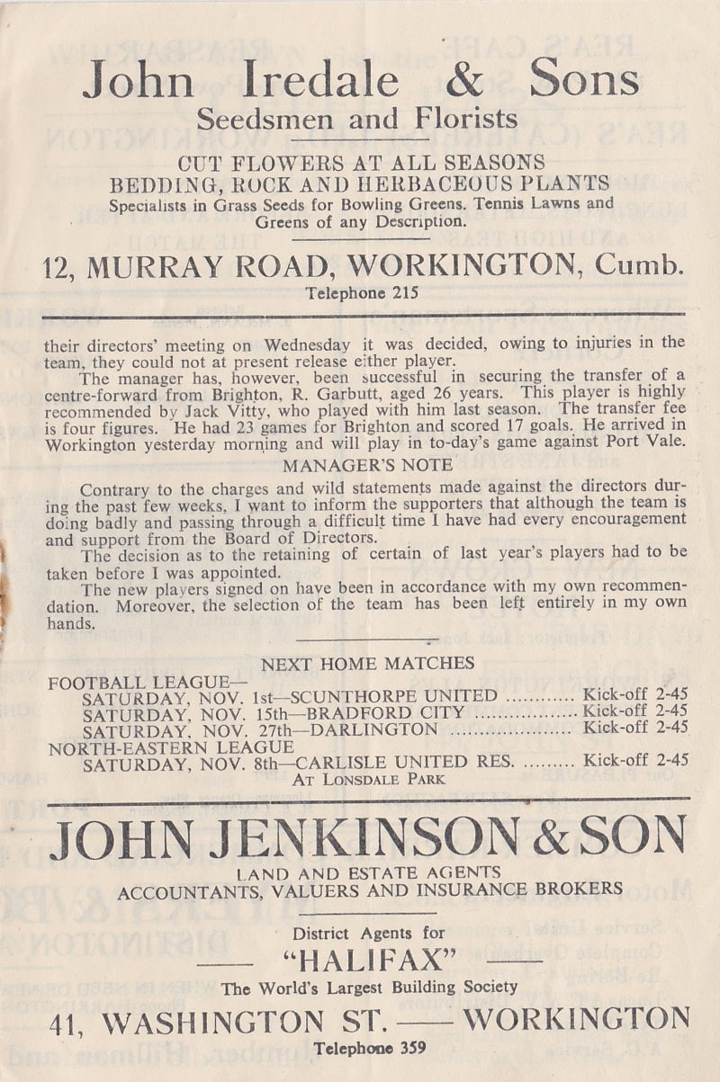 Workington versus Port Vale programme 1952 #3