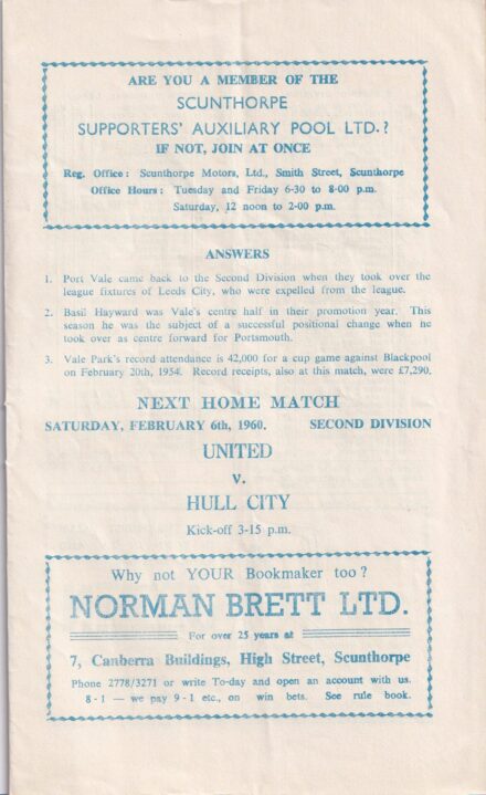 Scunthorpe United v Port Vale 1960