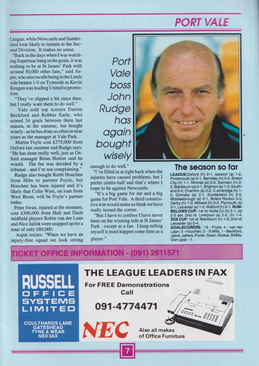 Newcastle United versus Port Vale, 1991