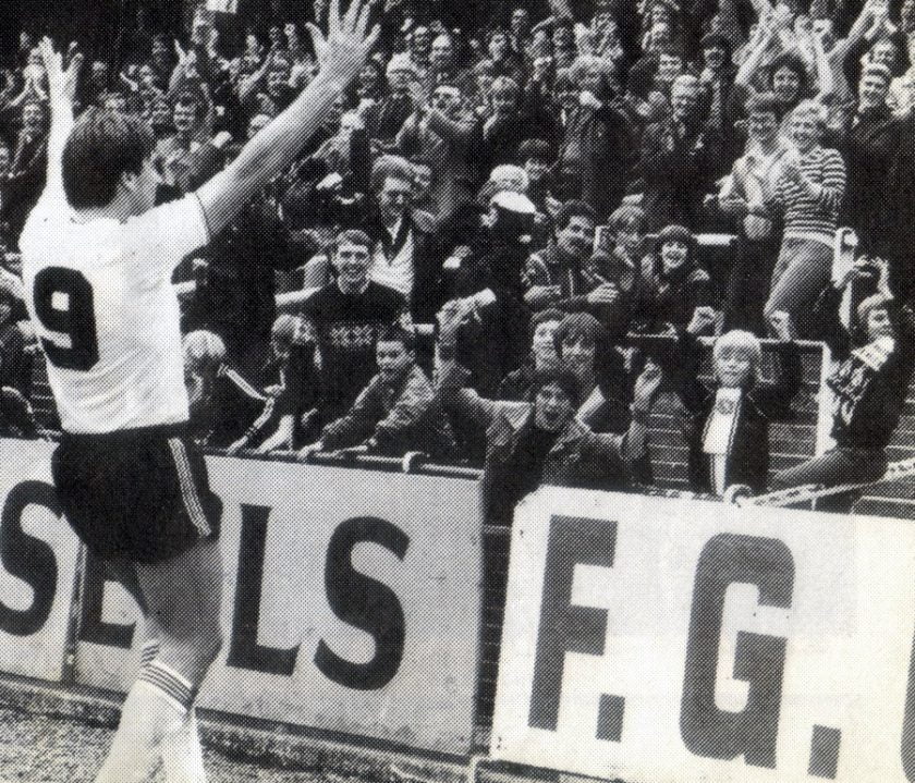Port Vale striker Bob Newton in front of fans 1982-83
