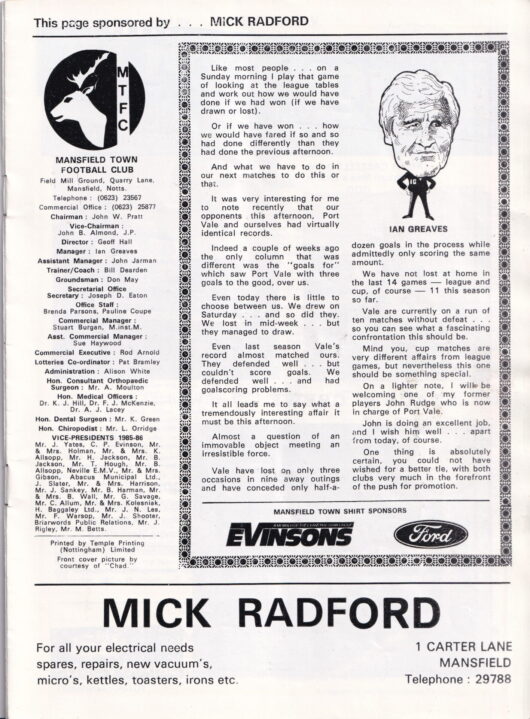 Mansfield Town v Port Vale programme, 1985
