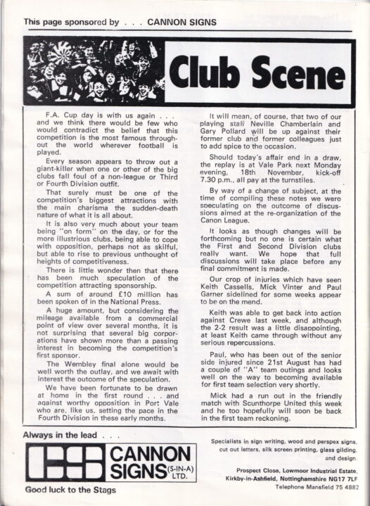 Mansfield Town v Port Vale programme, 1985