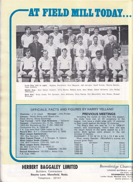 Mansfield Town v Port Vale programme, 1985