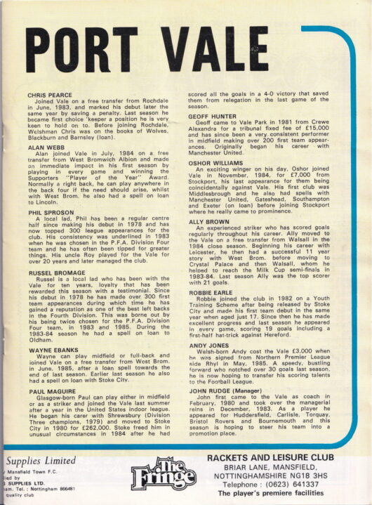 Mansfield Town v Port Vale programme, 1985