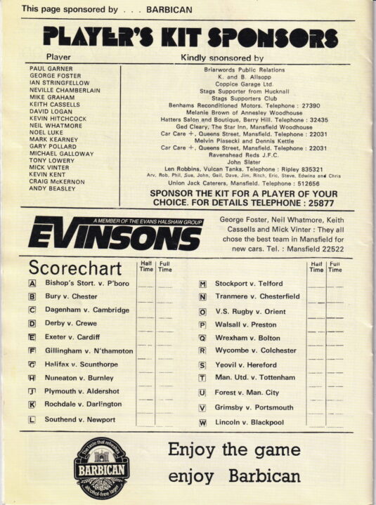 Mansfield Town v Port Vale programme, 1985