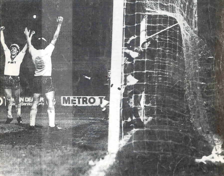 Jim Steel scores against Stockport County, 1983