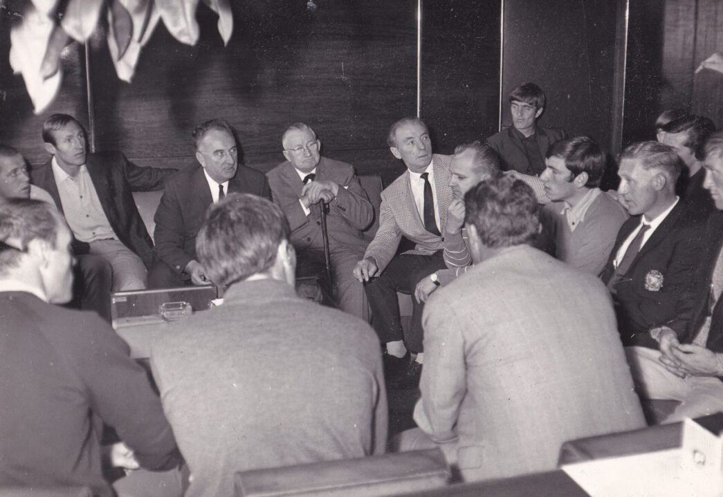 Terry Miles, Roy Chapman, Alderman Barber, Mr Burgessw, Sir Stanley Matthews, John James, Mick Cullerton, Len Graham and Mick Morris.