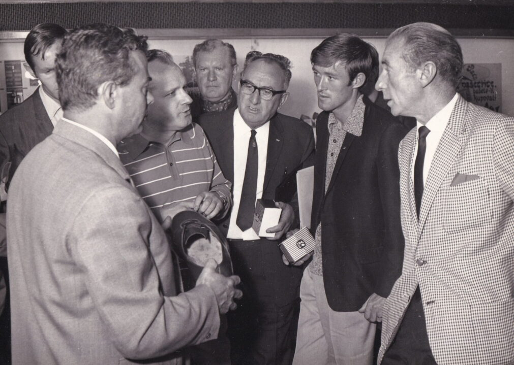 Sir Stanley Matthews, Alderman Barber and Roy Chapman during the tour of Bata shoes.