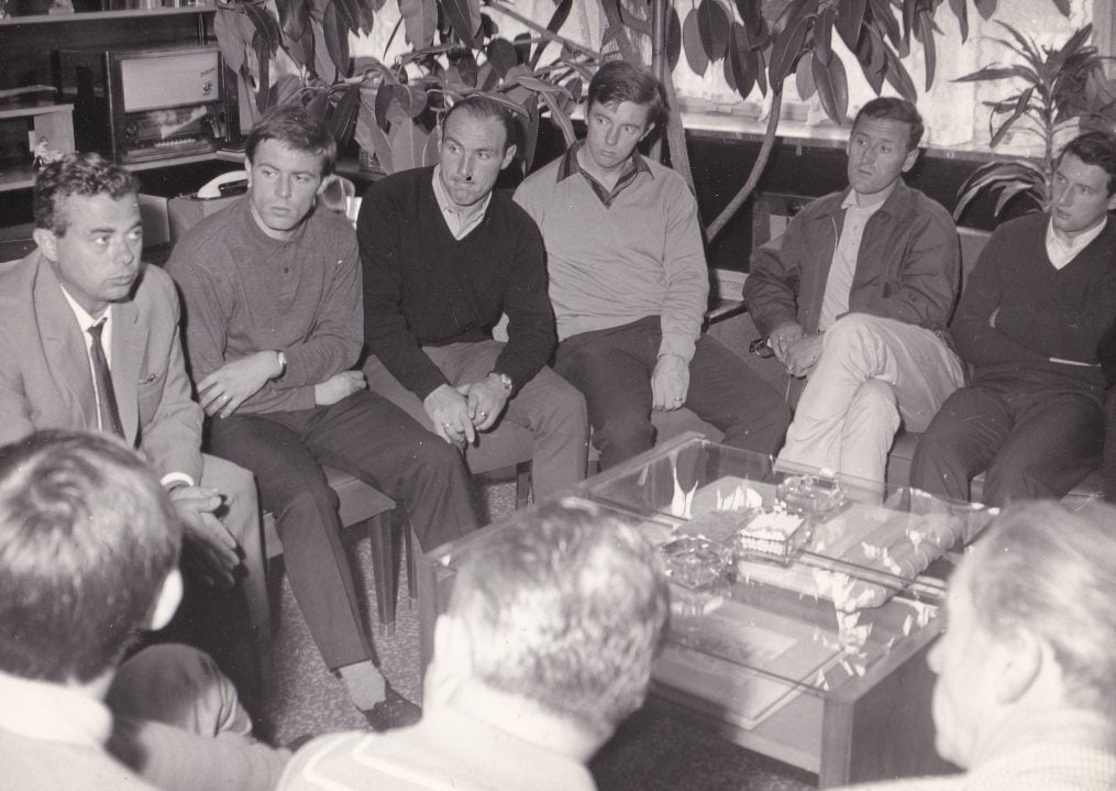 Mick Mahon, Ron Wilson, Jimmy Hill, Roy Sproson and Jimmy Goodfellow at Bata shoes.