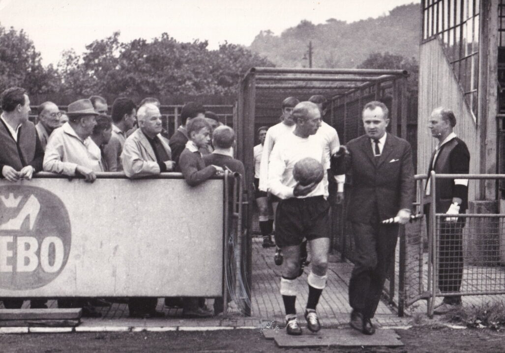 Sir Stanley Matthews leads the team out for the first friendly match at Gottvaldov.