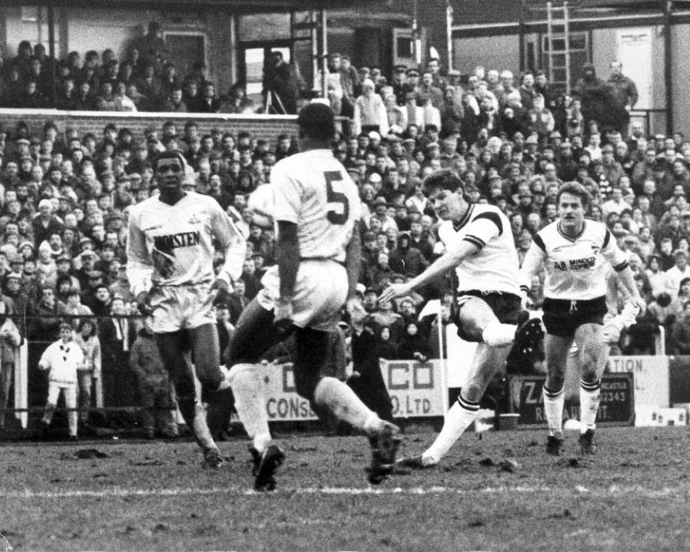 Ray Walker scores the first goal in Port Vale's 2-1 FA Cup victory over Spurs in 1988