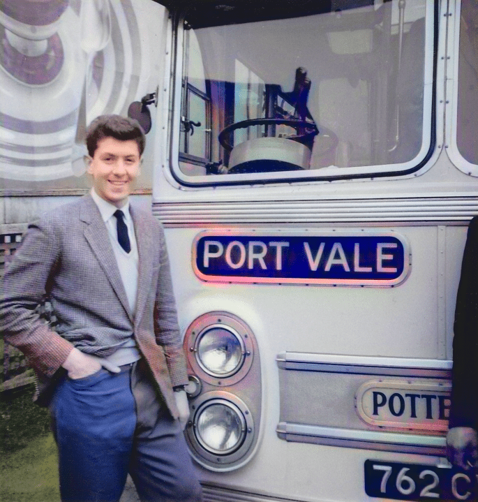 Ken Hancock in front of the Port Vale coach - colourised version