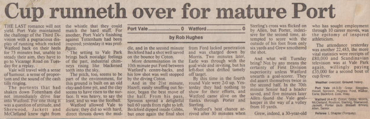 Port Vale 0-0 Watford, FA Cup 1988, match report
