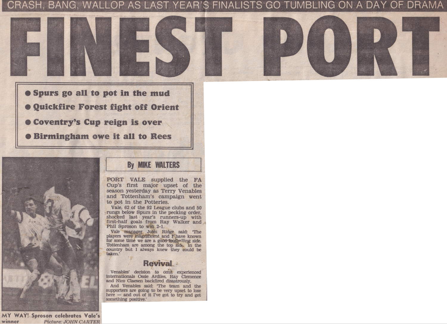 Mail on Sunday report on Port Vale 2-1 Spurs 1988