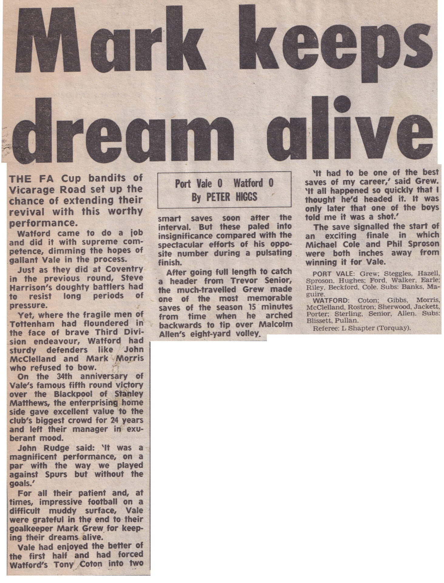 Port Vale 0-0 Watford, FA Cup 1988, match report