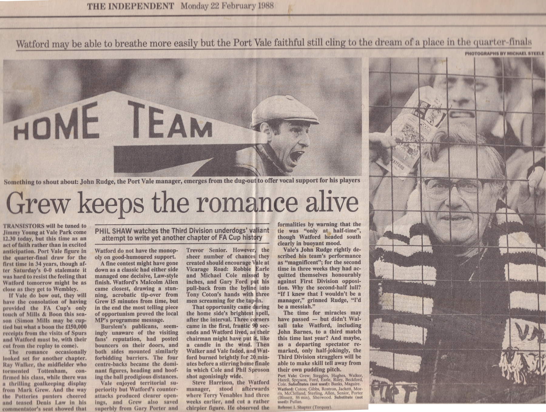 Port Vale 0-0 Watford, FA Cup 1988, match report