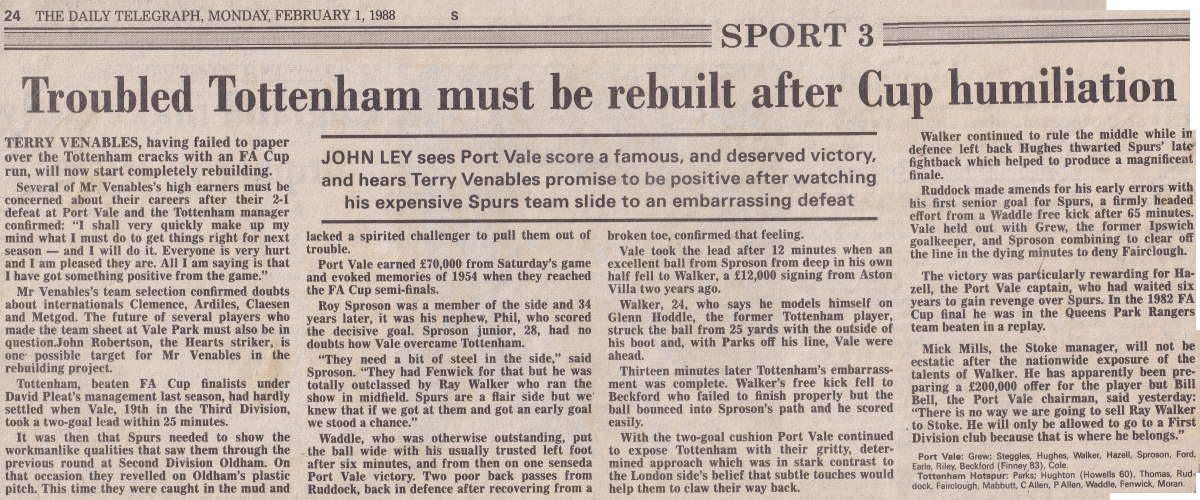 Telegraph report on Port Vale 2-1 Spurs, 1988