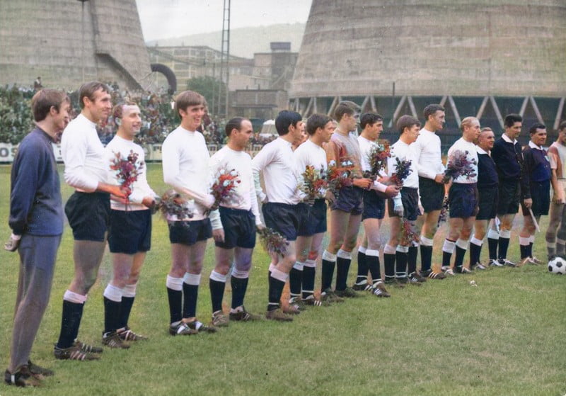 The Port Vale team lines up for the first friendly match at Gottvaldov - colourised version