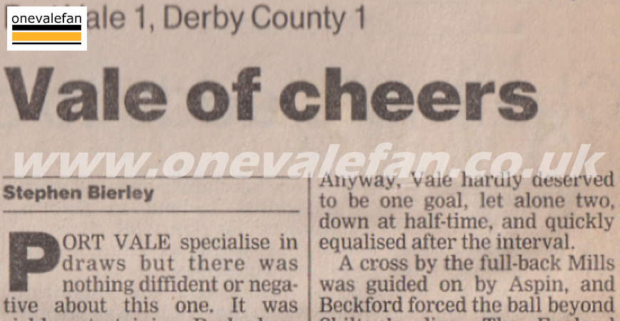 National press clippings of Port Vale’s draw with Derby County, 1990