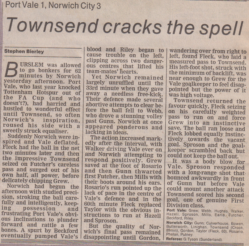 Port Vale 1-3 Norwich, FA Cup 1989