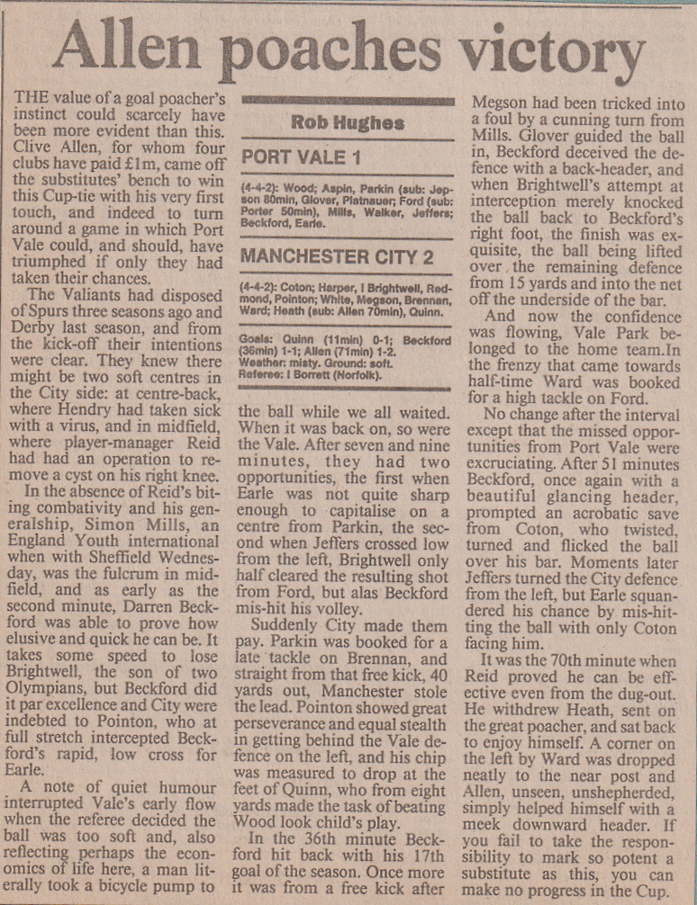 Port Vale 1-2 Man City 1991