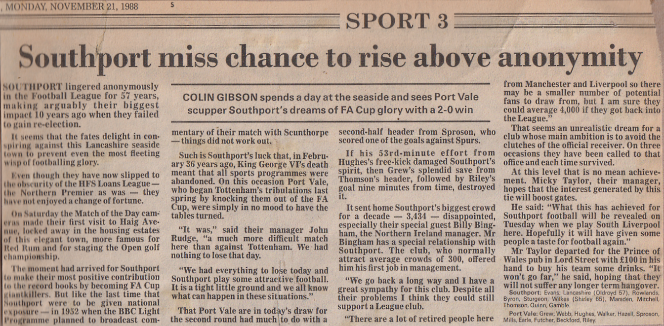 Southport v Port Vale press cutting