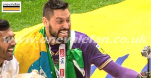 Goalkeeper Lucas Covolan celebrates promotion at Wembley