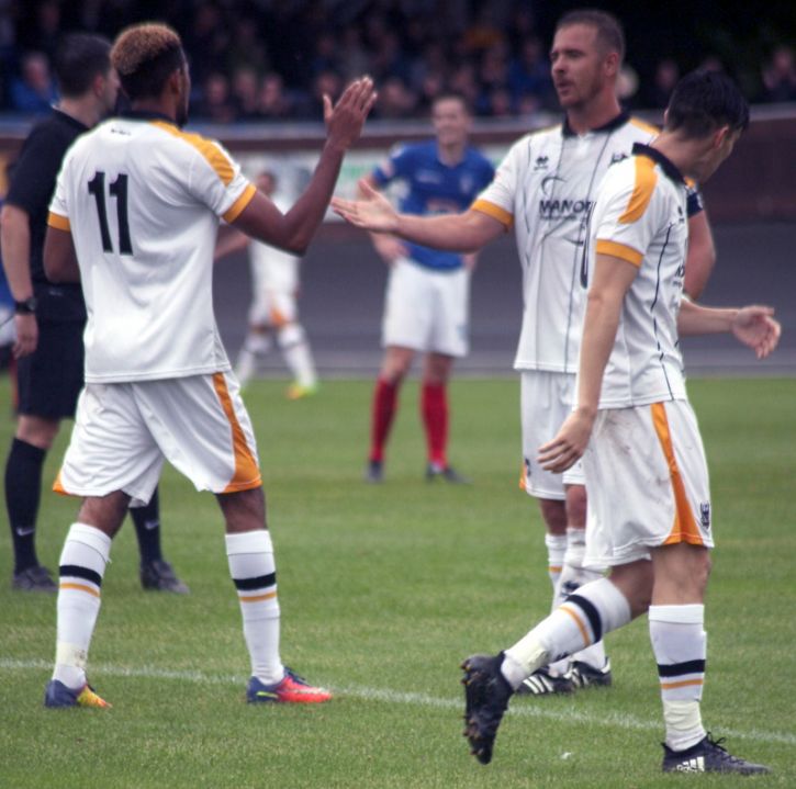 Tom Pope congratulates Cristian Montano on the opening goal - Newcastle Town 0-8 Port Vale, 2017 - AS Photos