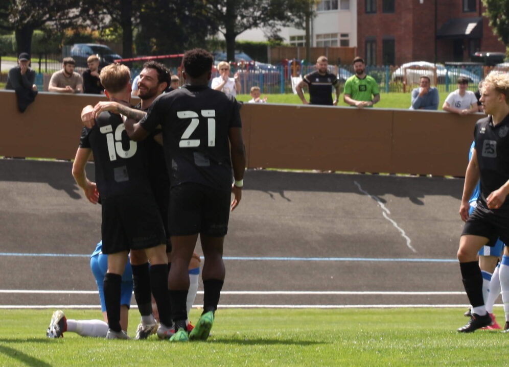 Tom Conlon is congratulated after the first goal - Newcastle Town v Port Vale friendly, 2021 - AS Photos