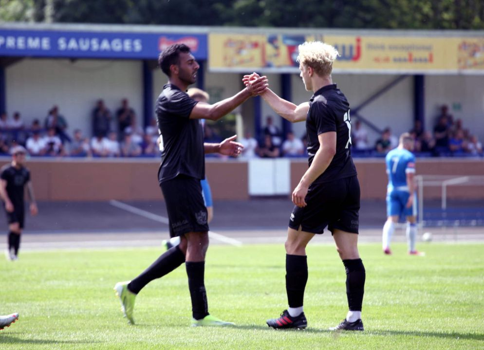 Mal Benning congratulates scorer Eden Bailey - Newcastle Town v Port Vale friendly, 2021 - AS Photos