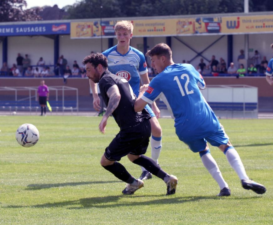 David Worrall is well marked - Newcastle Town v Port Vale friendly, 2021 - AS Photos