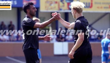 Mal Benning congratulates Eden Bailey - Newcastle Town v Port Vale, 2021 - AS Photos