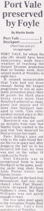 Press clipping: Port Vale 1-0 Stockport County, play-off semi-final second leg 1993