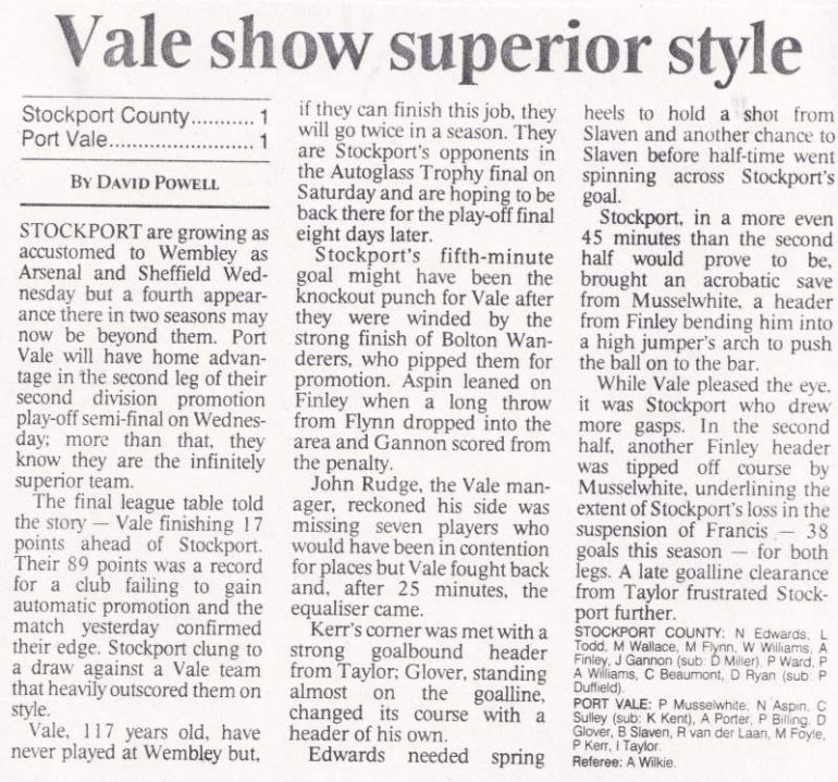 Press clipping: Stockport County 1-1 Port Vale, play-off semi-final first leg 1993