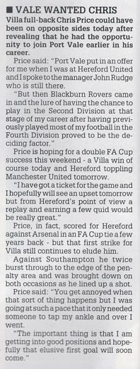 Press clipping - Chris Price on rejecting Port Vale