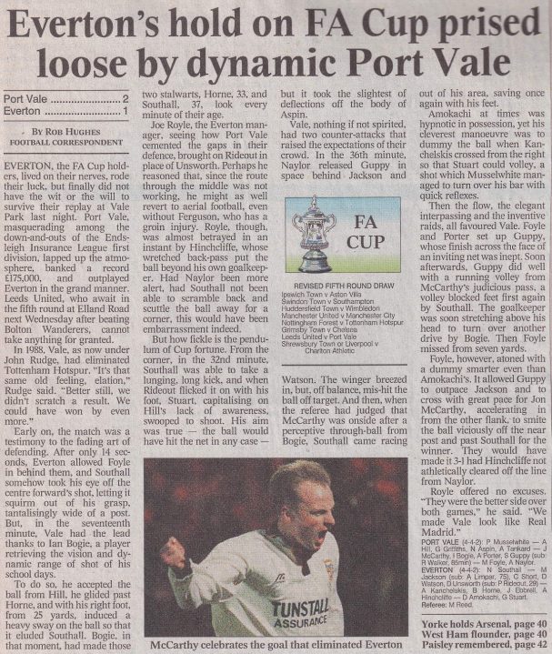 Press clipping - Port Vale 2-1 Everton, FA Cup replay 1996