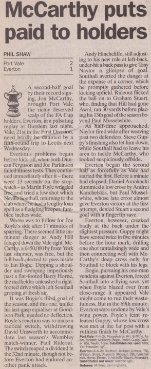 Press clipping - Port Vale 2-1 Everton, FA Cup replay 1996