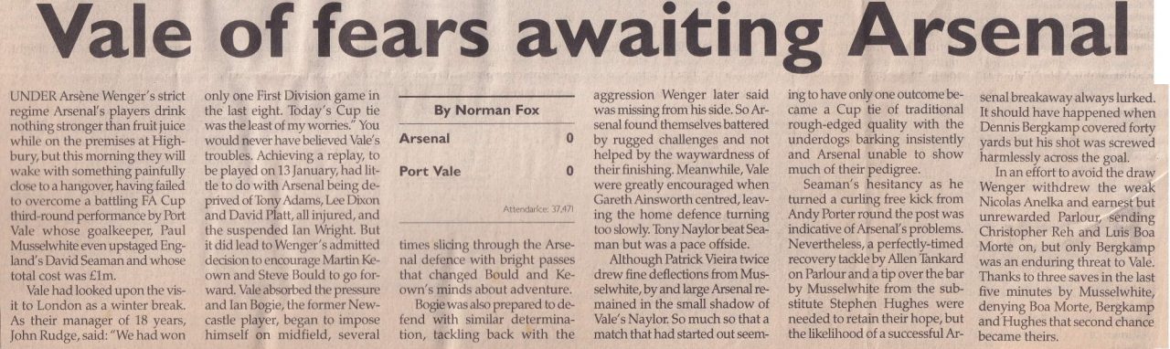 Press clipping of Arsenal 0-0 Port Vale 1998