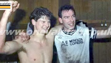 Ray Walker and Phil Sproson celebrate Port Vale's win over Spurs in 1988