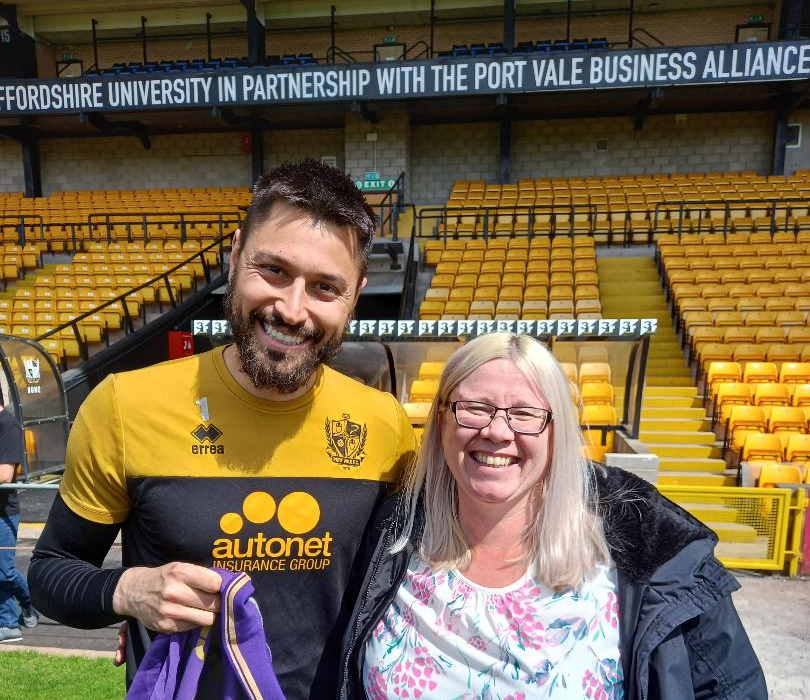 Lucas Covolan with OVF sponsor Zoe - Port Vale player sponsorship event 2022
