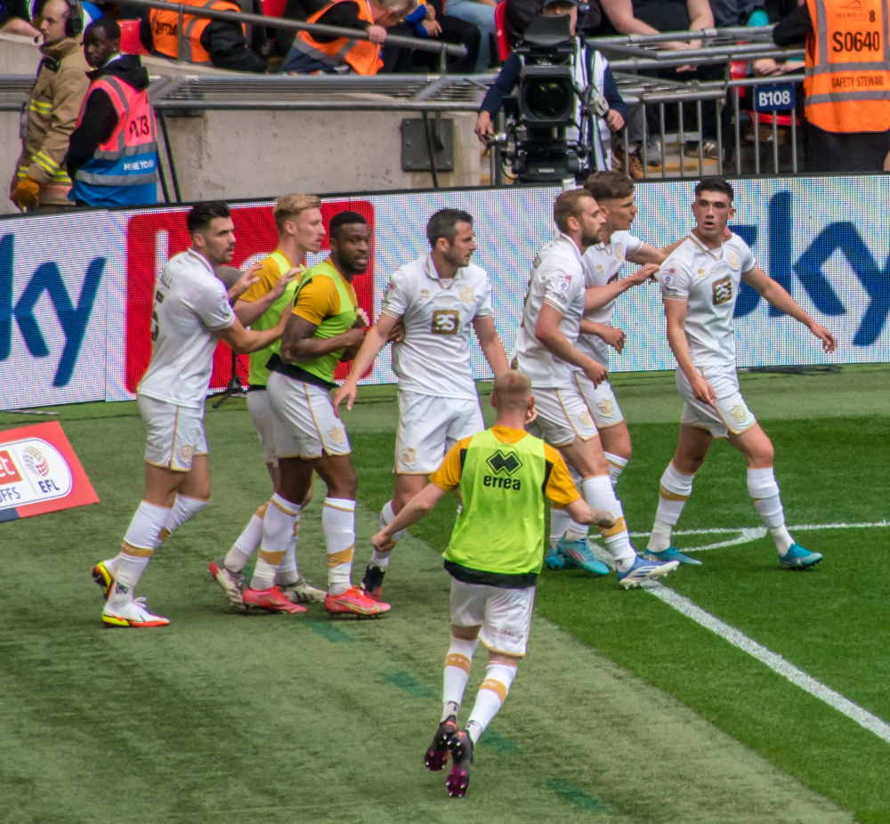 Kian Harratt celebrates his goal for Port Vale at Wembley in 2022