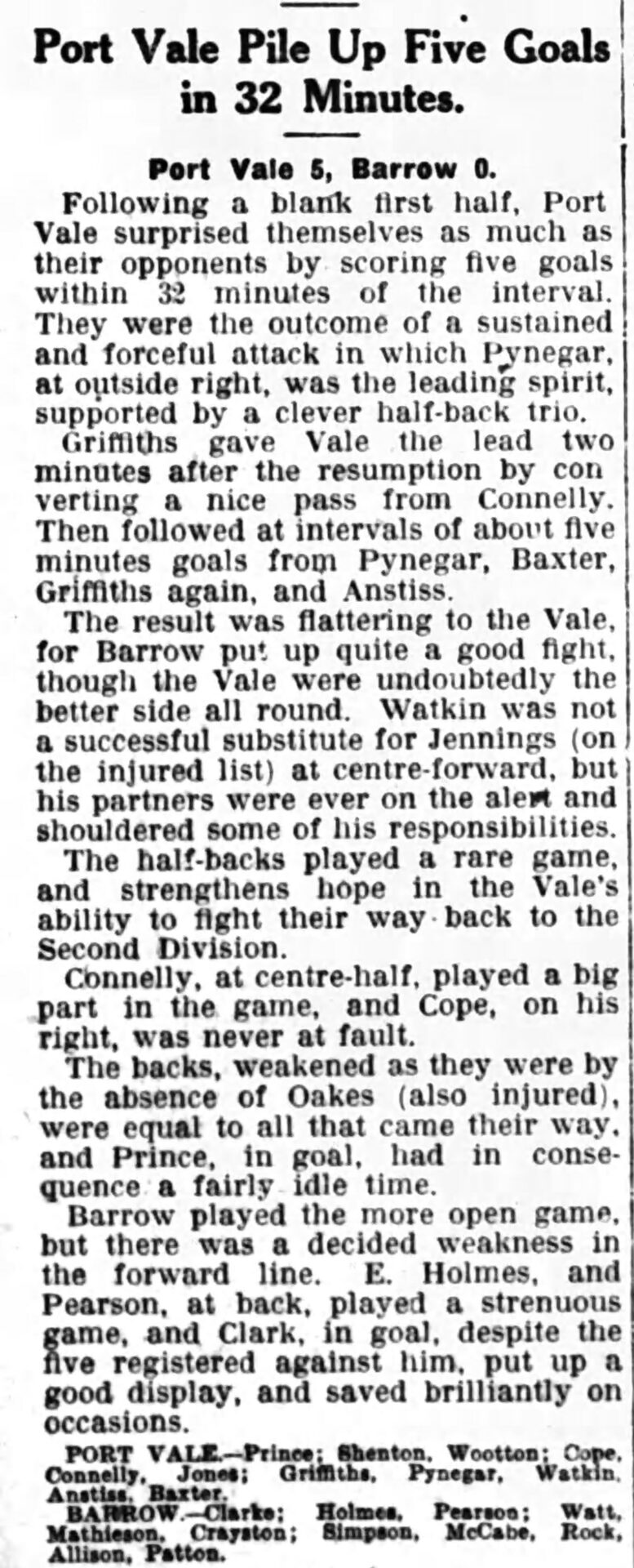 Birmingham Gazette 1929 - Port Vale 5-0 Barrow