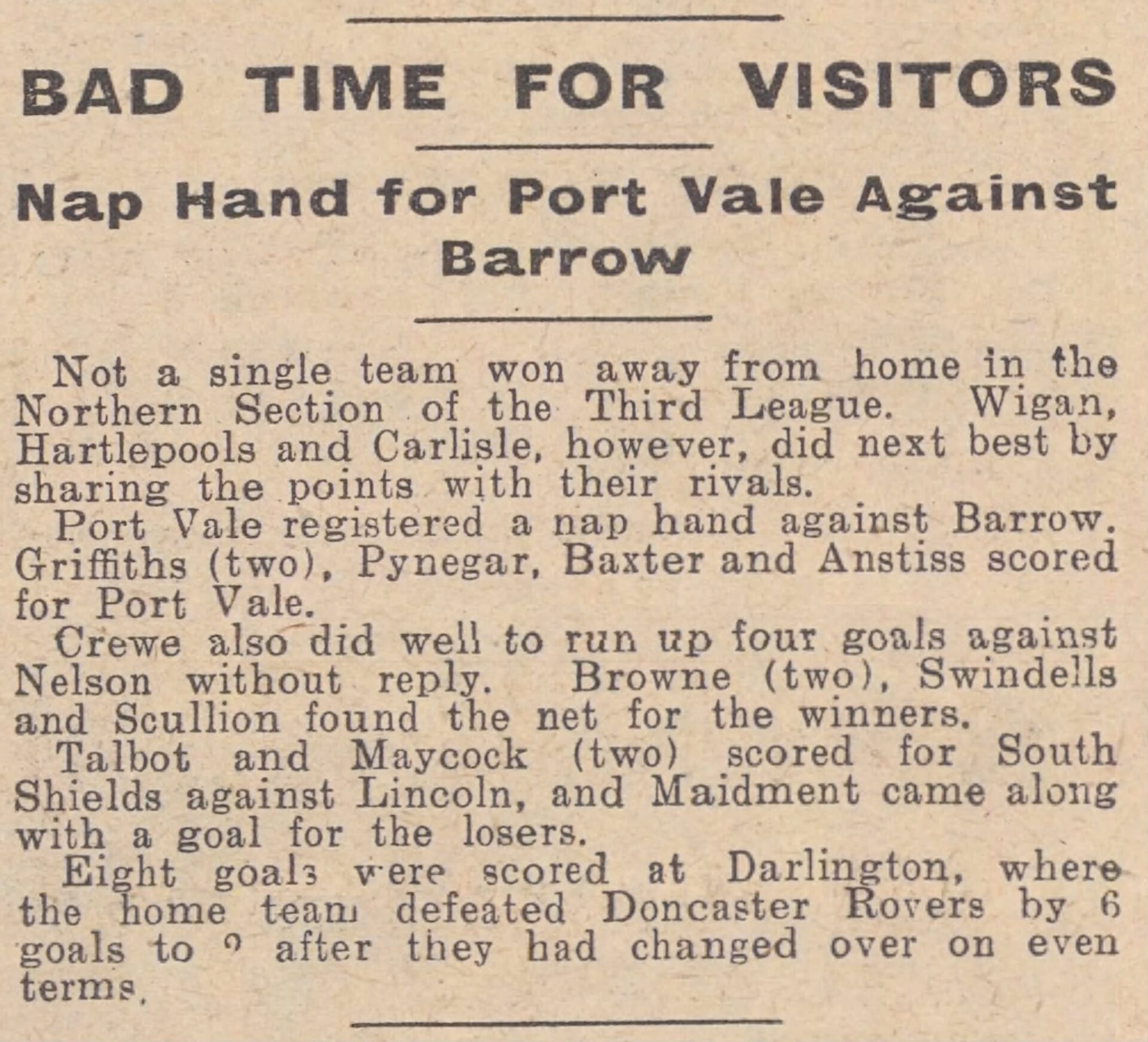 Sunday Mirror 1929 - Port Vale 5-0 Barrow