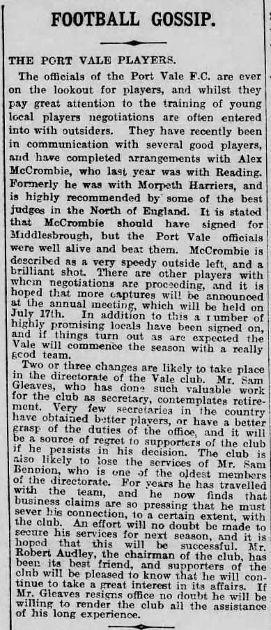 Port Vale press clipping 1905