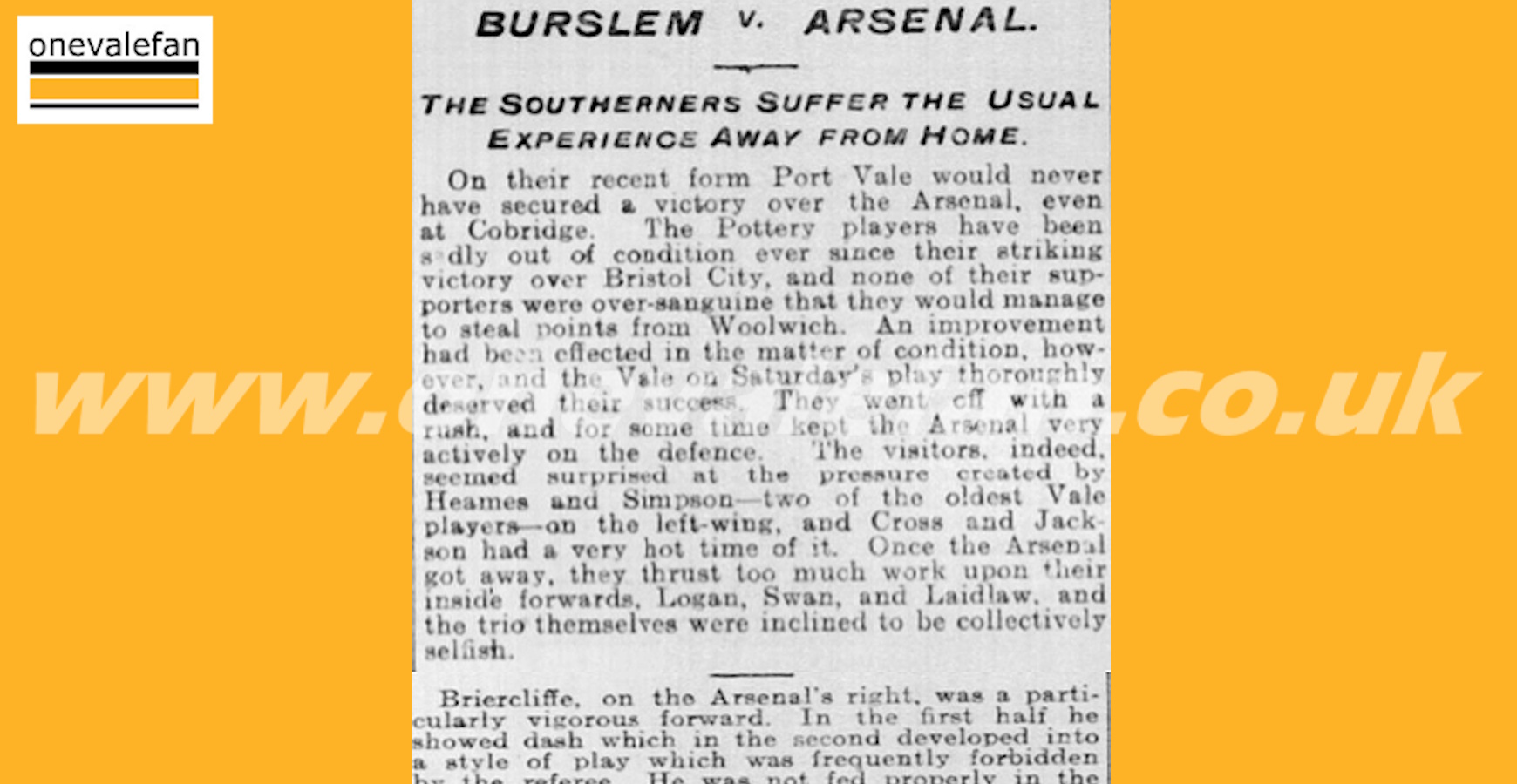 A match report from Port Vale’s last win over Arsenal back in 1901