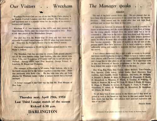 Port Vale v Wrexham programme, 1954