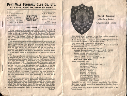 Port Vale v Wrexham programme, 1954