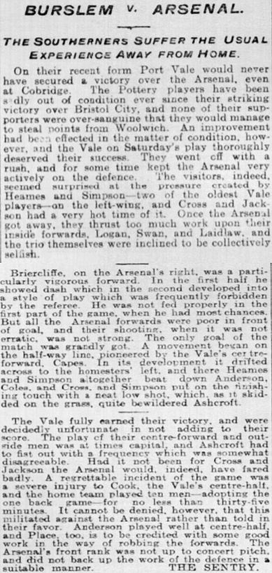 Morning Leader report - Port Vale 1-0 Arsenal, 1901