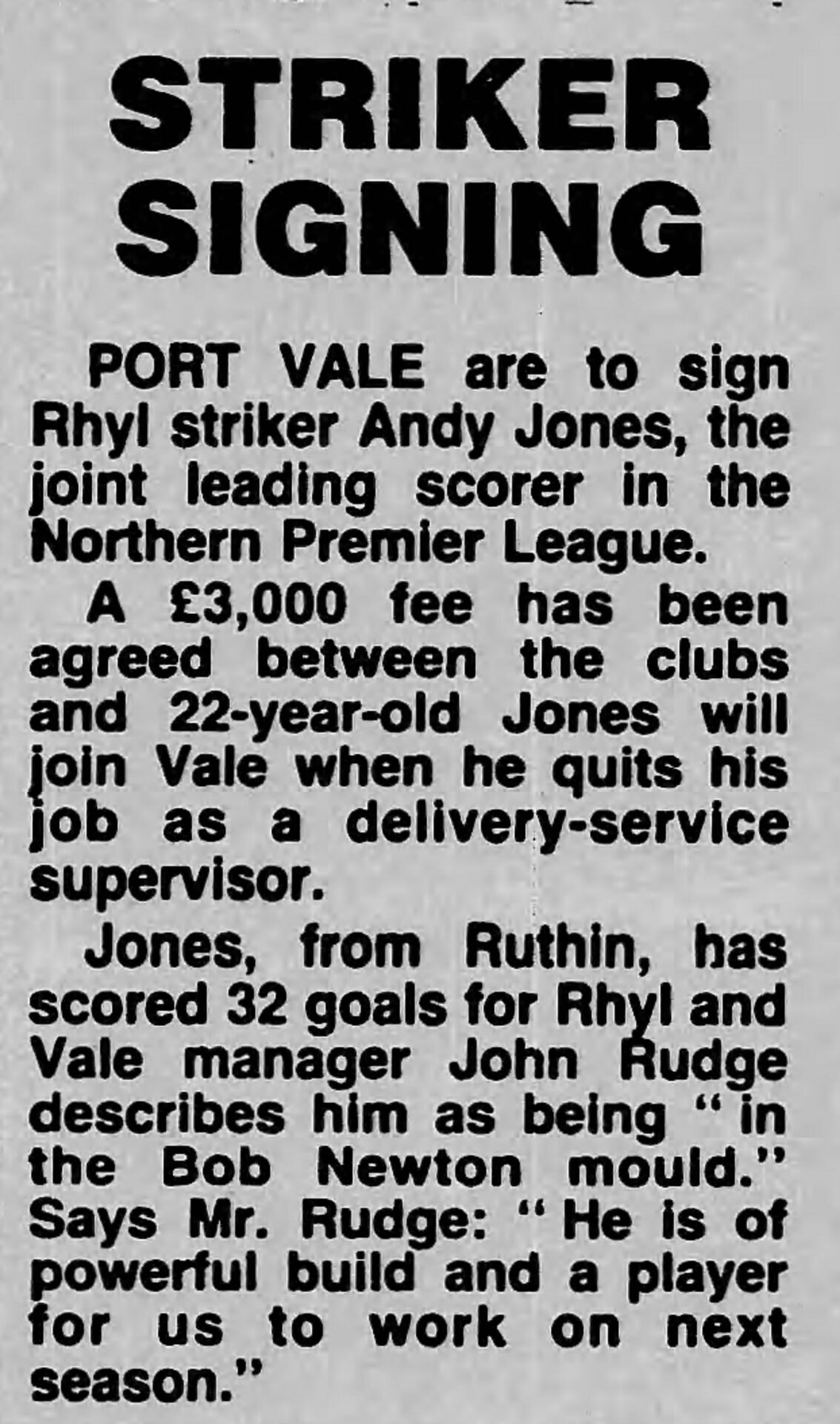 Port Vale’s promotion in 1986 – Rudge lays the groundwork for golden period